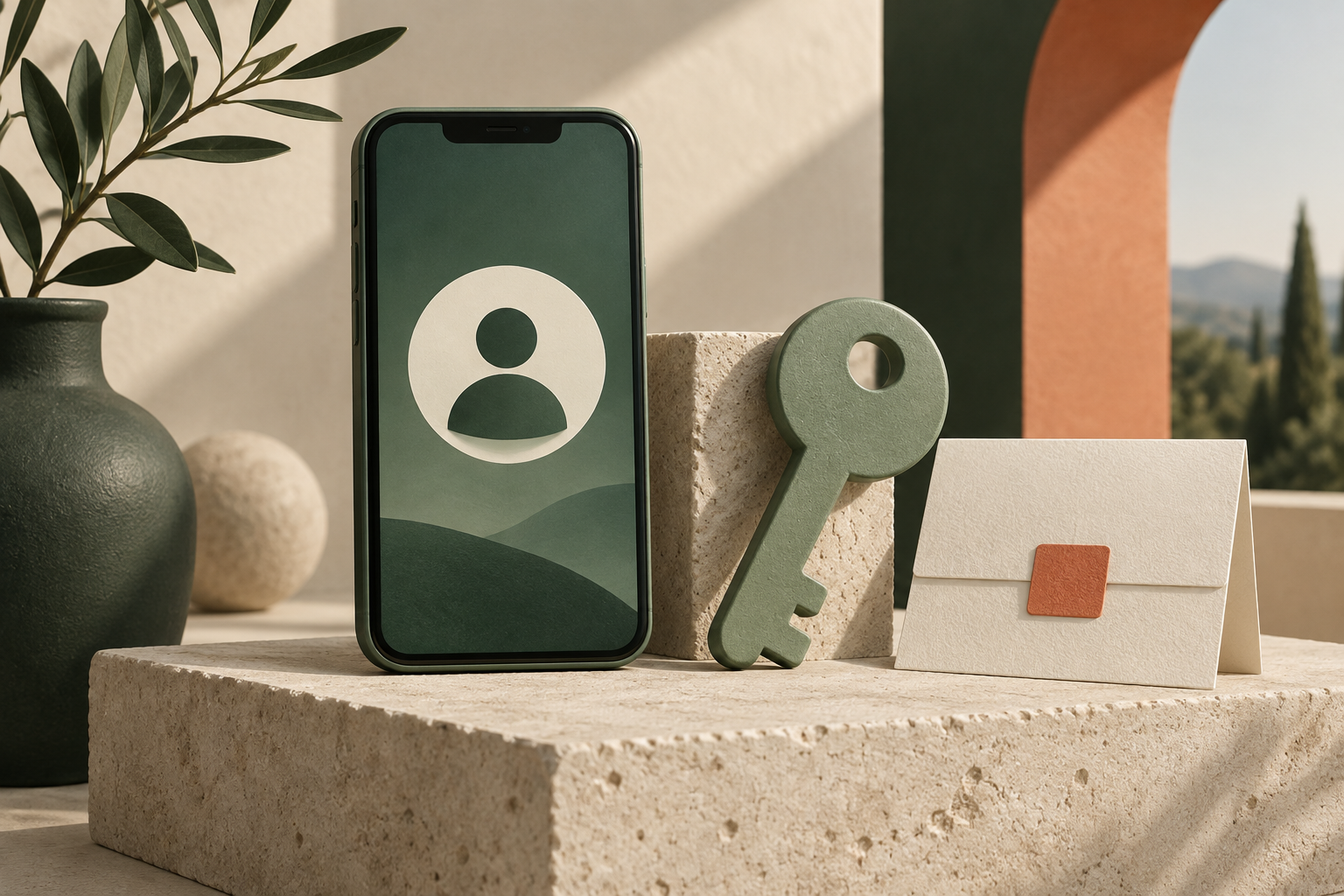 Ilustrasi telepon, kunci dan amplop untuk privasi akun