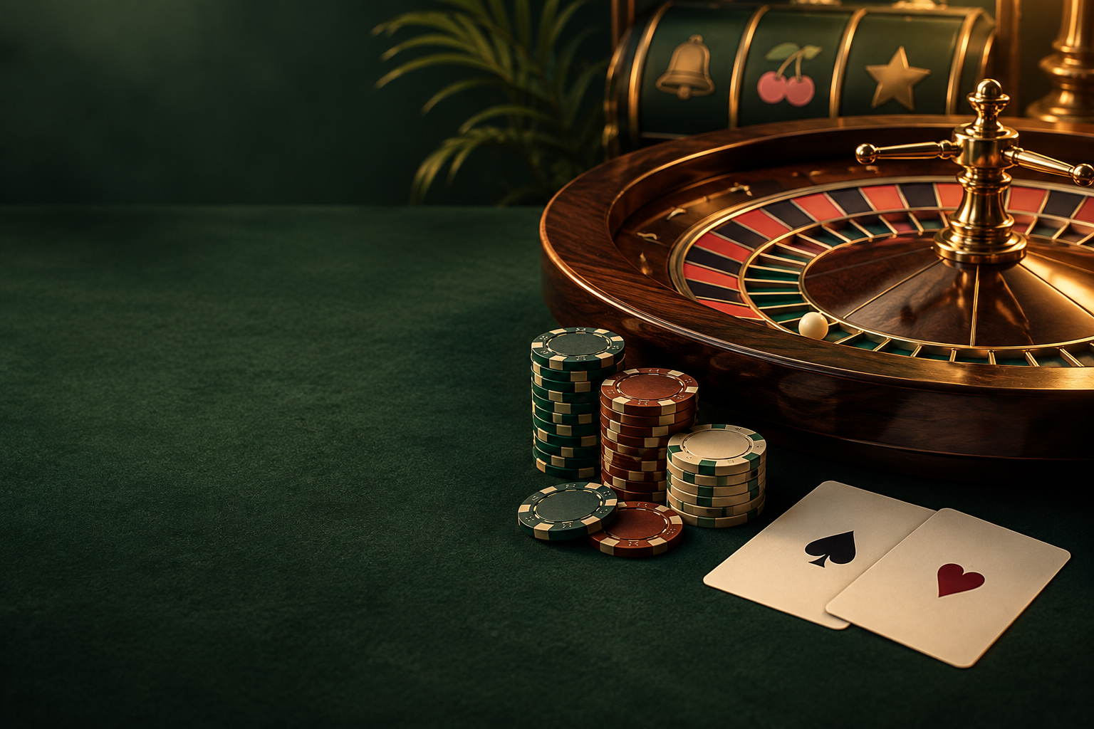 Roda roulette, kartu dan tumpukan cip di meja kasino